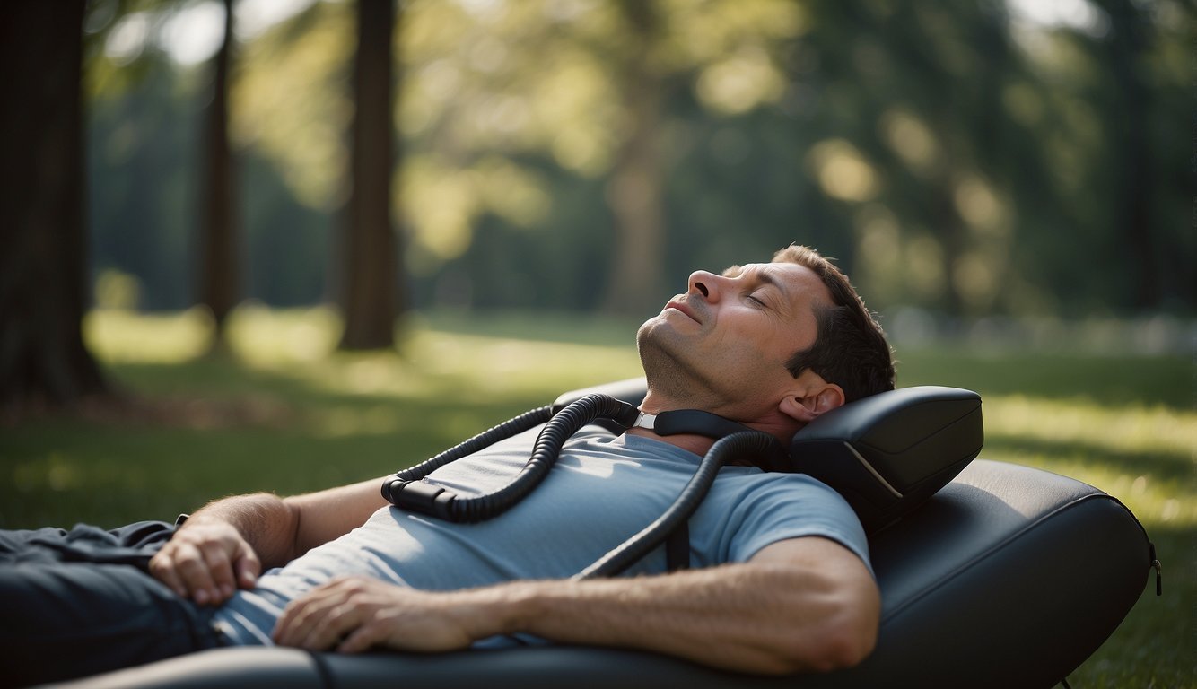 A person lying on a comfortable surface with a cervical spinal decompression device attached to their neck, surrounded by a peaceful and relaxing environment