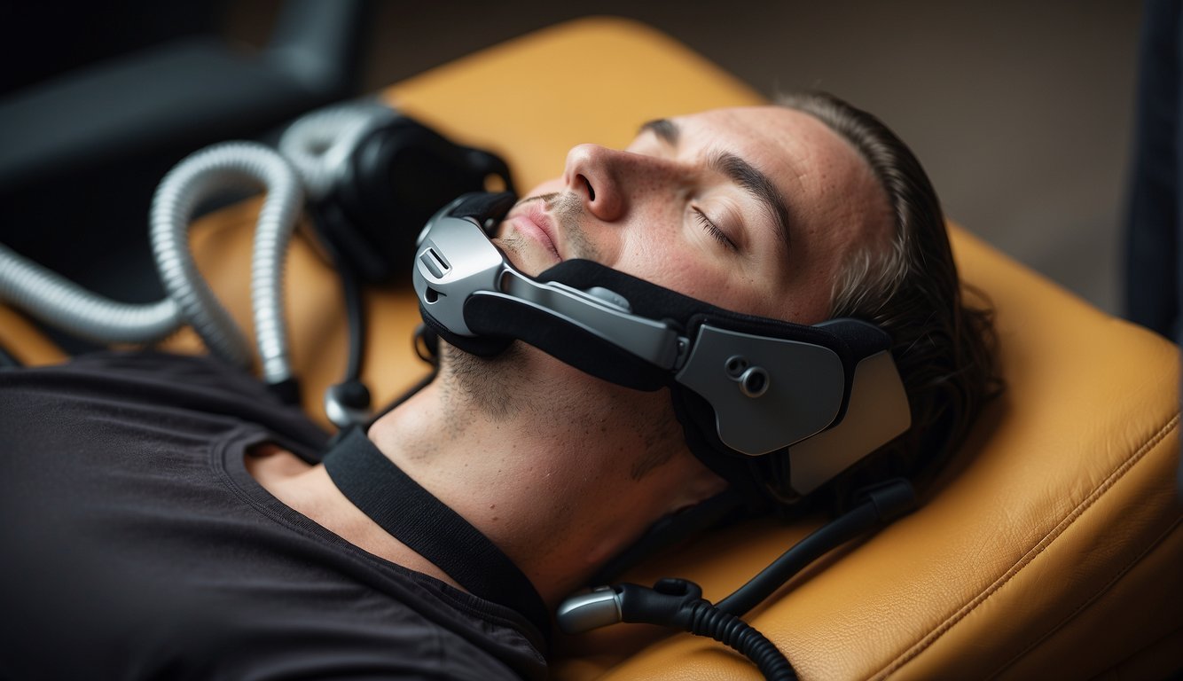 A person lying on a comfortable surface, using a cervical traction device, with their head gently lifted and supported, creating space between the vertebrae