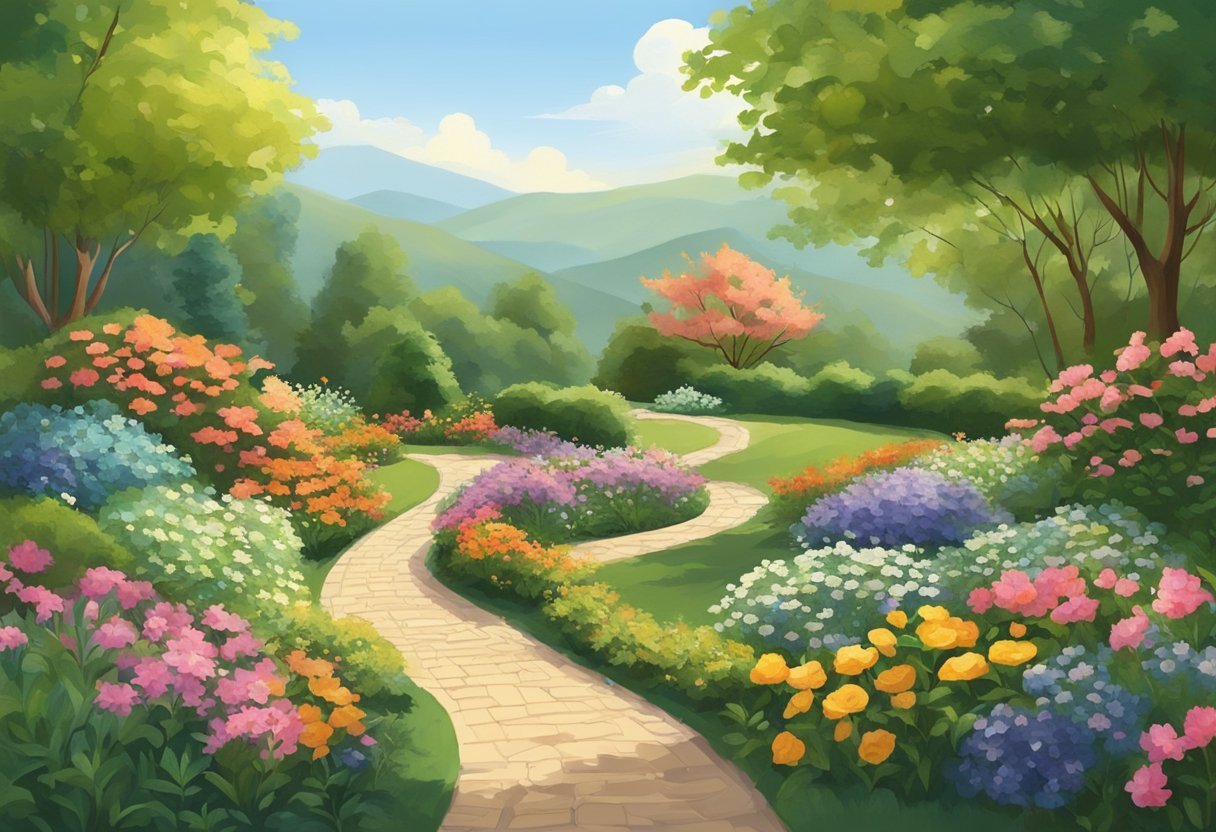 A peaceful garden with a winding path, surrounded by vibrant flowers and lush greenery. A gentle breeze rustles the leaves as the sun shines down, creating a serene and calming atmosphere