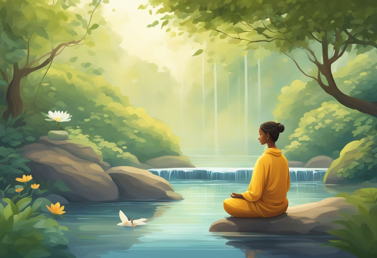 A serene figure meditates in a peaceful garden, surrounded by calming elements like flowing water, gentle breezes, and soothing natural sounds