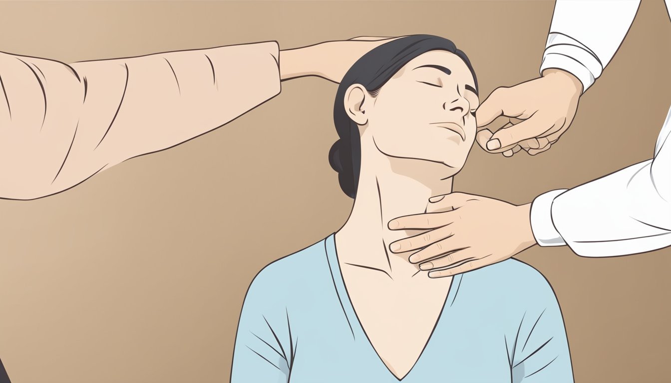 A person receiving acupressure on their neck for pain relief, with a practitioner applying pressure to specific points on the neck and shoulders