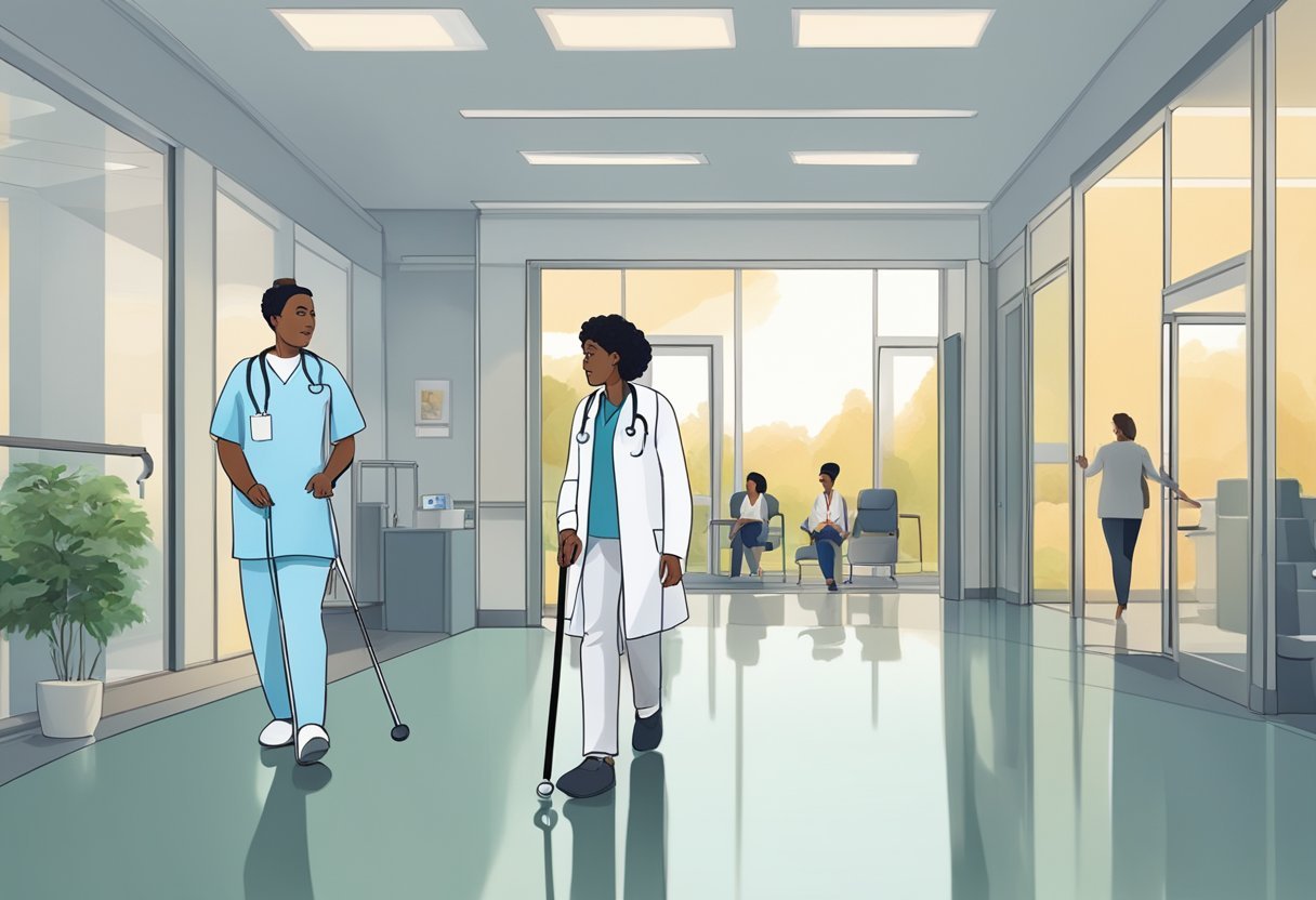 A person using a cane walks through a modern healthcare facility with a serene expression, surrounded by supportive medical professionals and a calming atmosphere